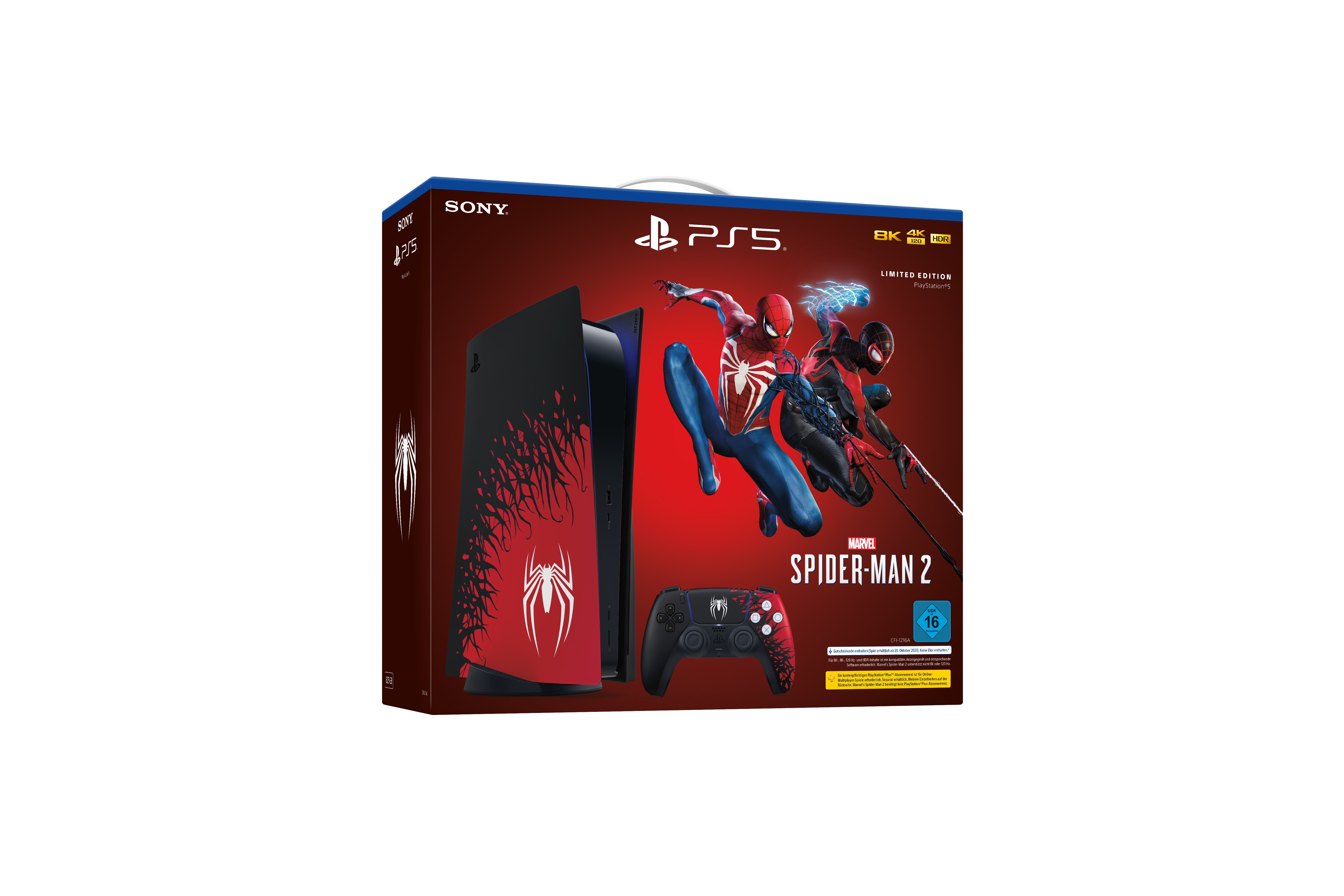 PS5-Konsole mit Spiderman 2-Spielbox, Controller. Rotes und schwarzes Design.