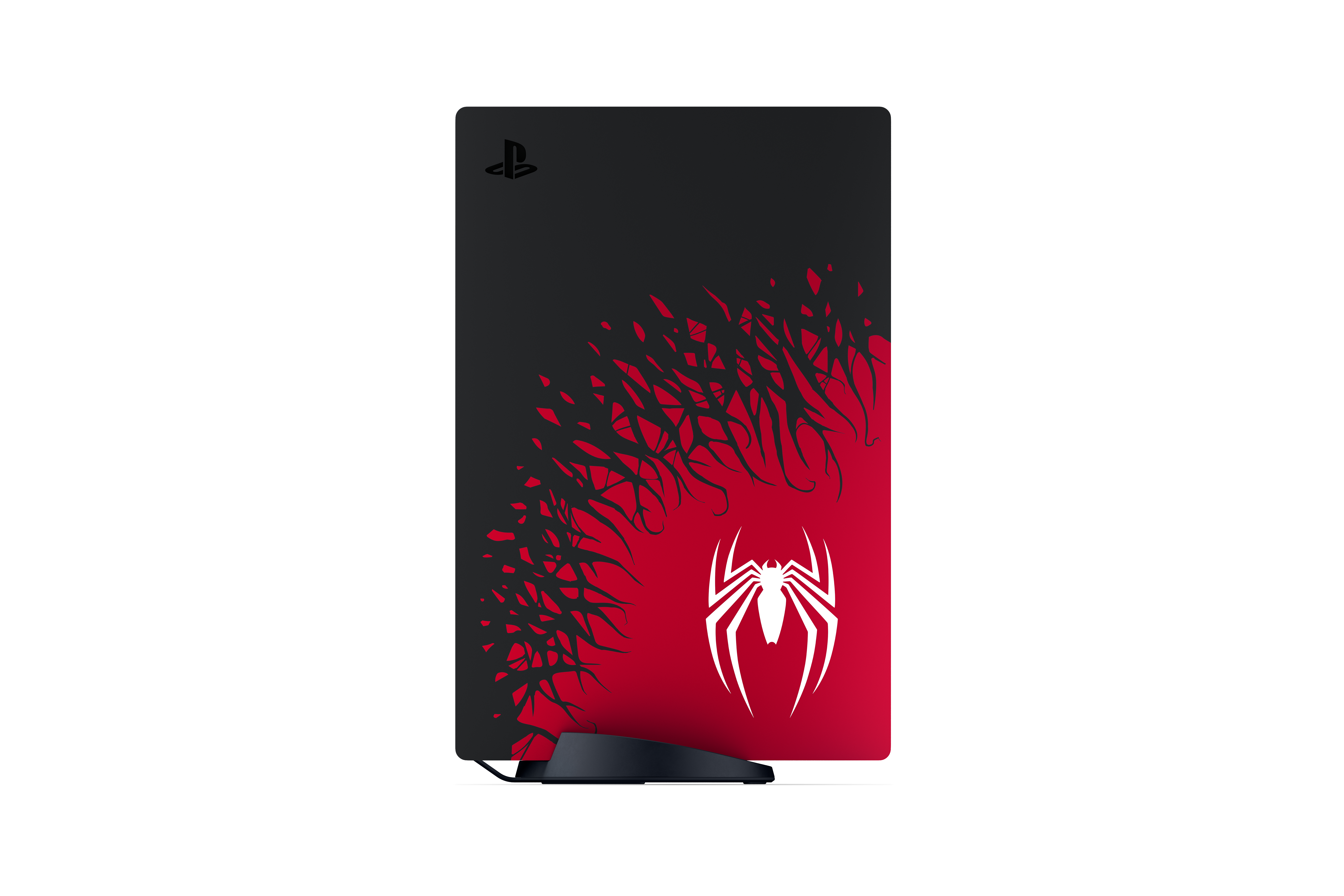 PlayStation 5 Cover mit rotem Spiderman-Design auf schwarzem Hintergrund.