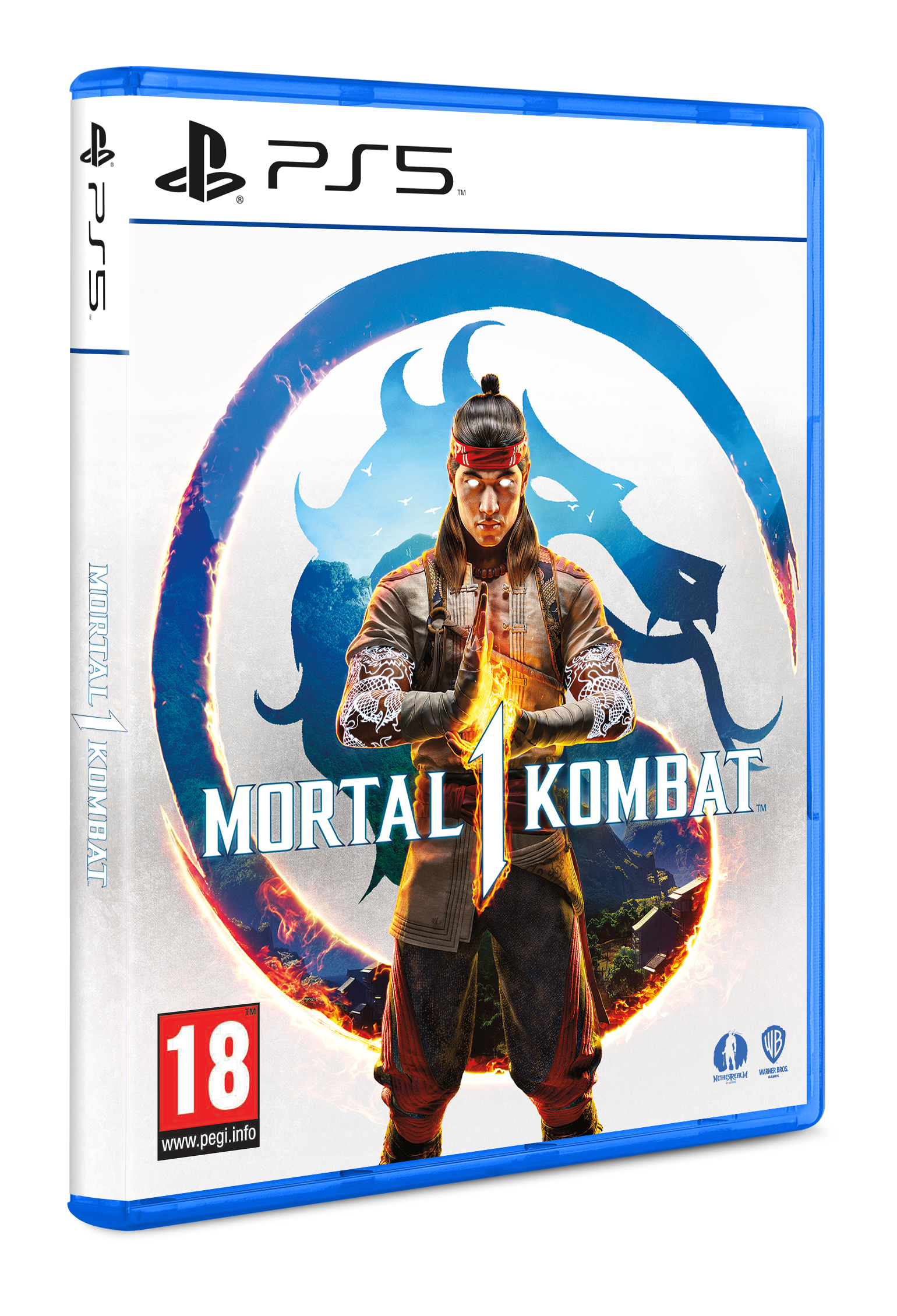 Egy PS5 játék tok a Mortal Kombat 1 borítójával. Egy karakter van a középpontban.