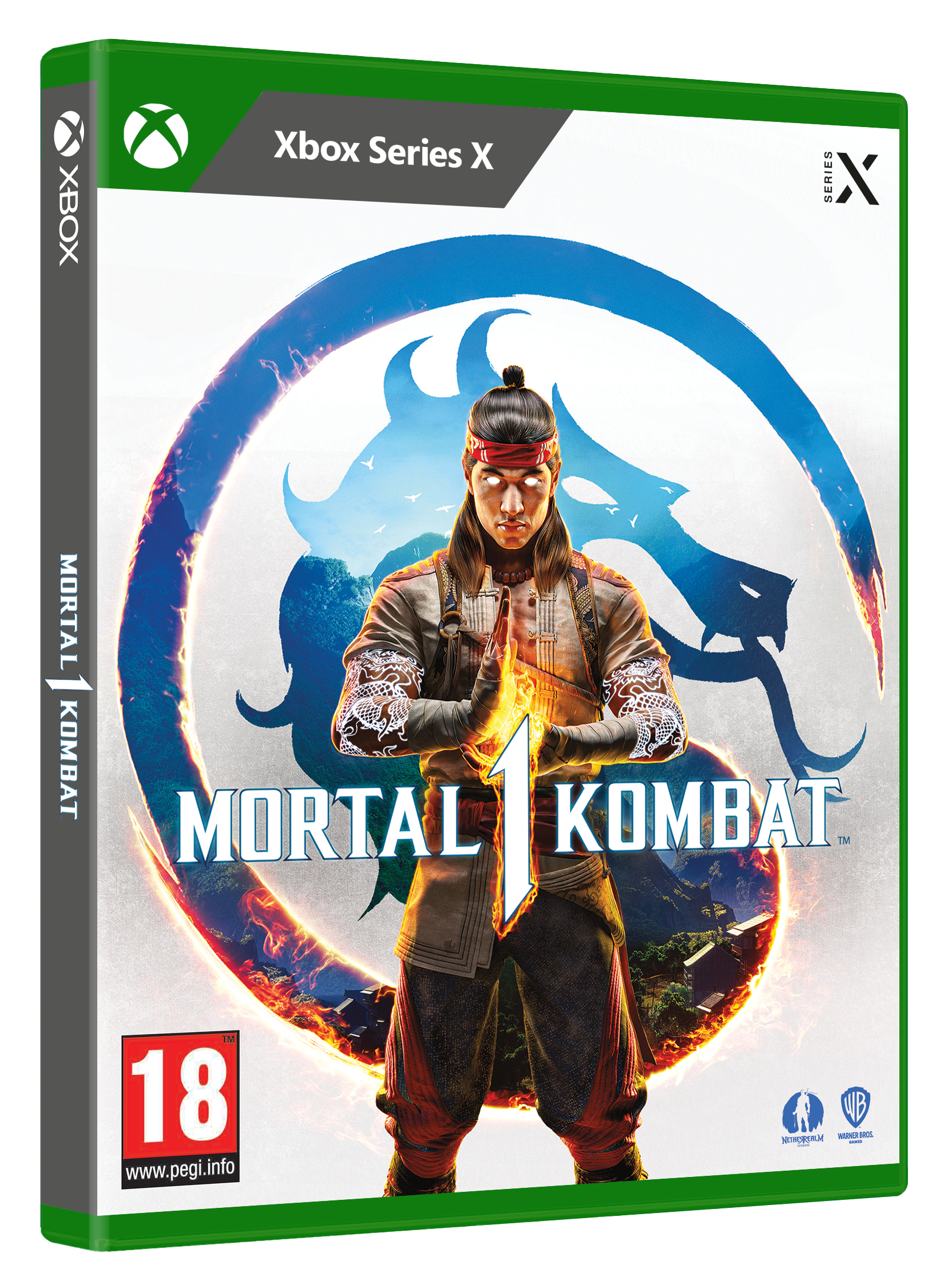 Mortal Kombat 1 videojáték borítója, egy tűzben álló karakterrel.
