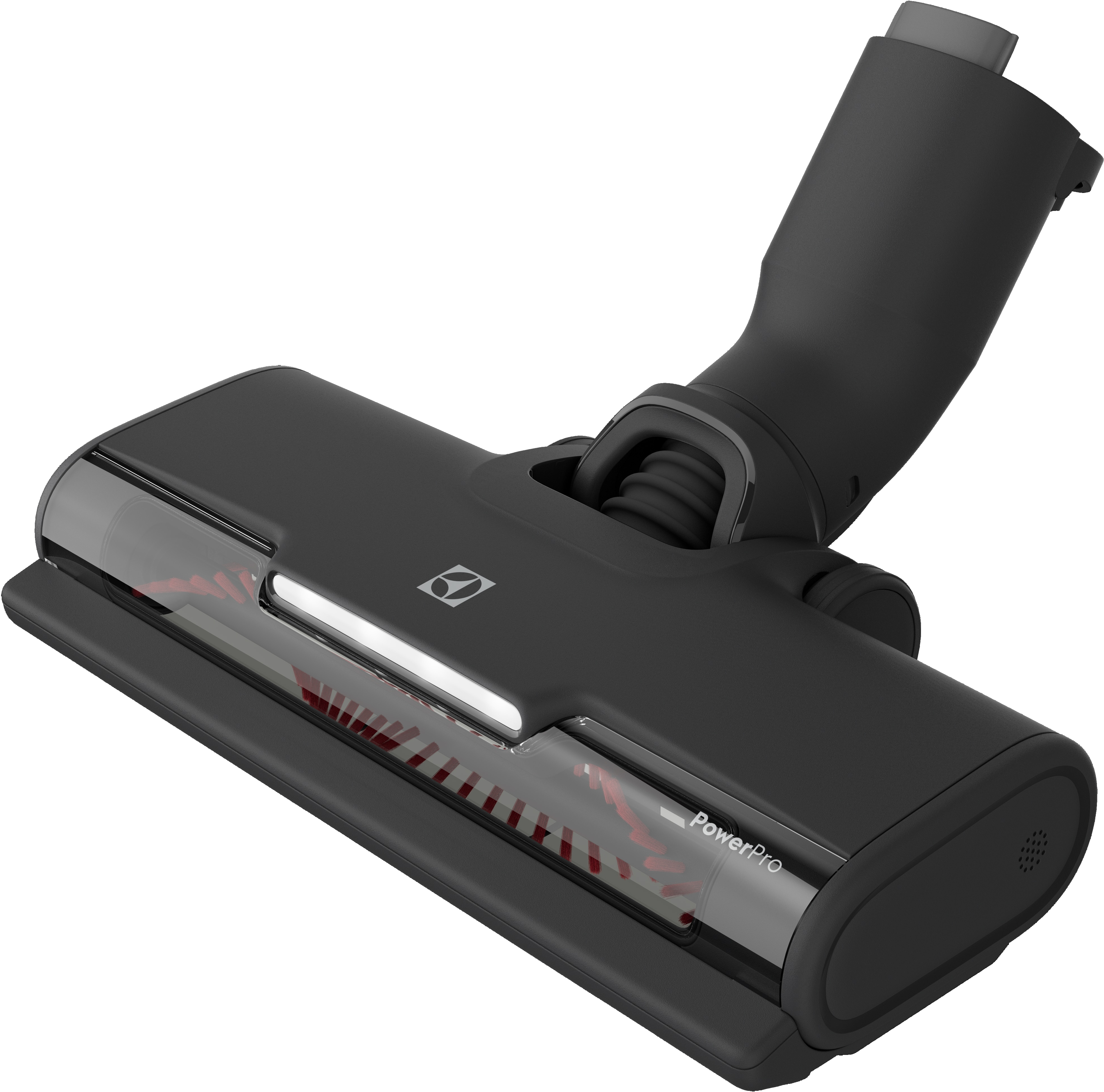 Una testina per aspirapolvere nera con un'etichetta PowerPro e una sezione trasparente visibile.