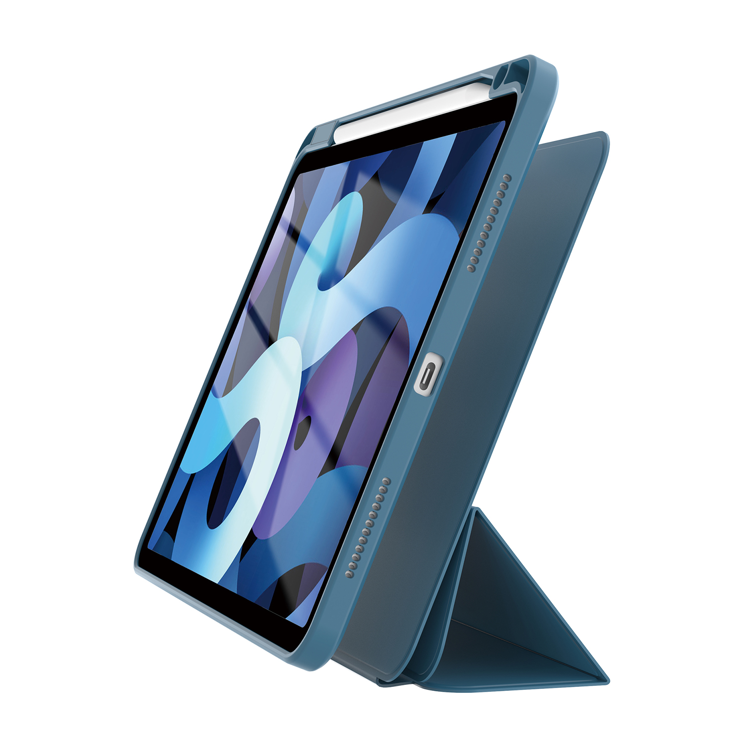 Tablet blu in una custodia con pennino. La custodia è inclinata.