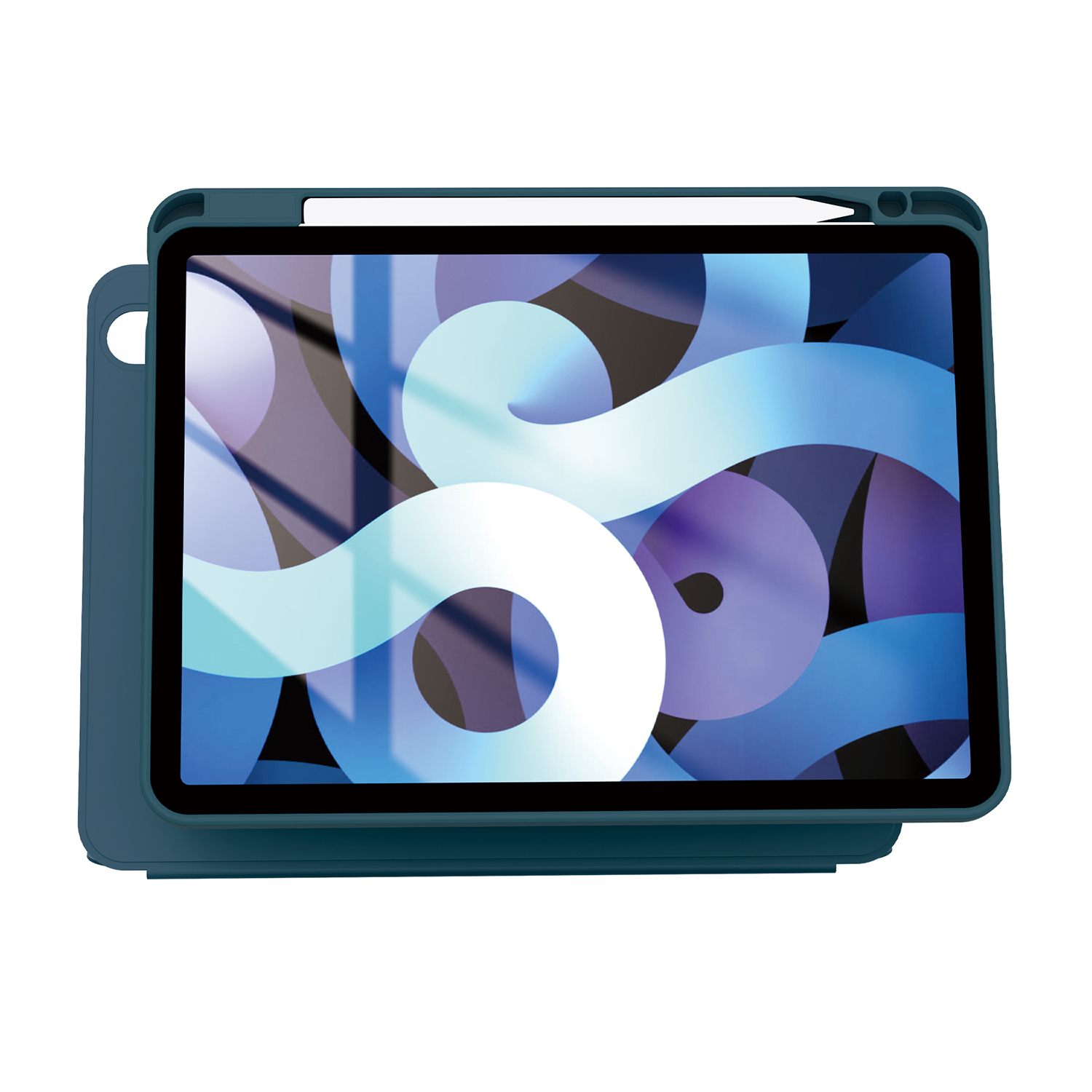 iPad turchese in una custodia con matita bianca. Lo schermo mostra forme astratte blu.