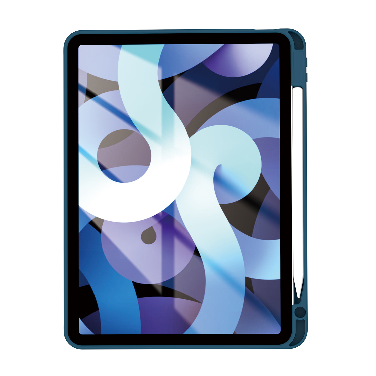 Custodia blu per tablet con tablet e stilo. Sfondo bianco.