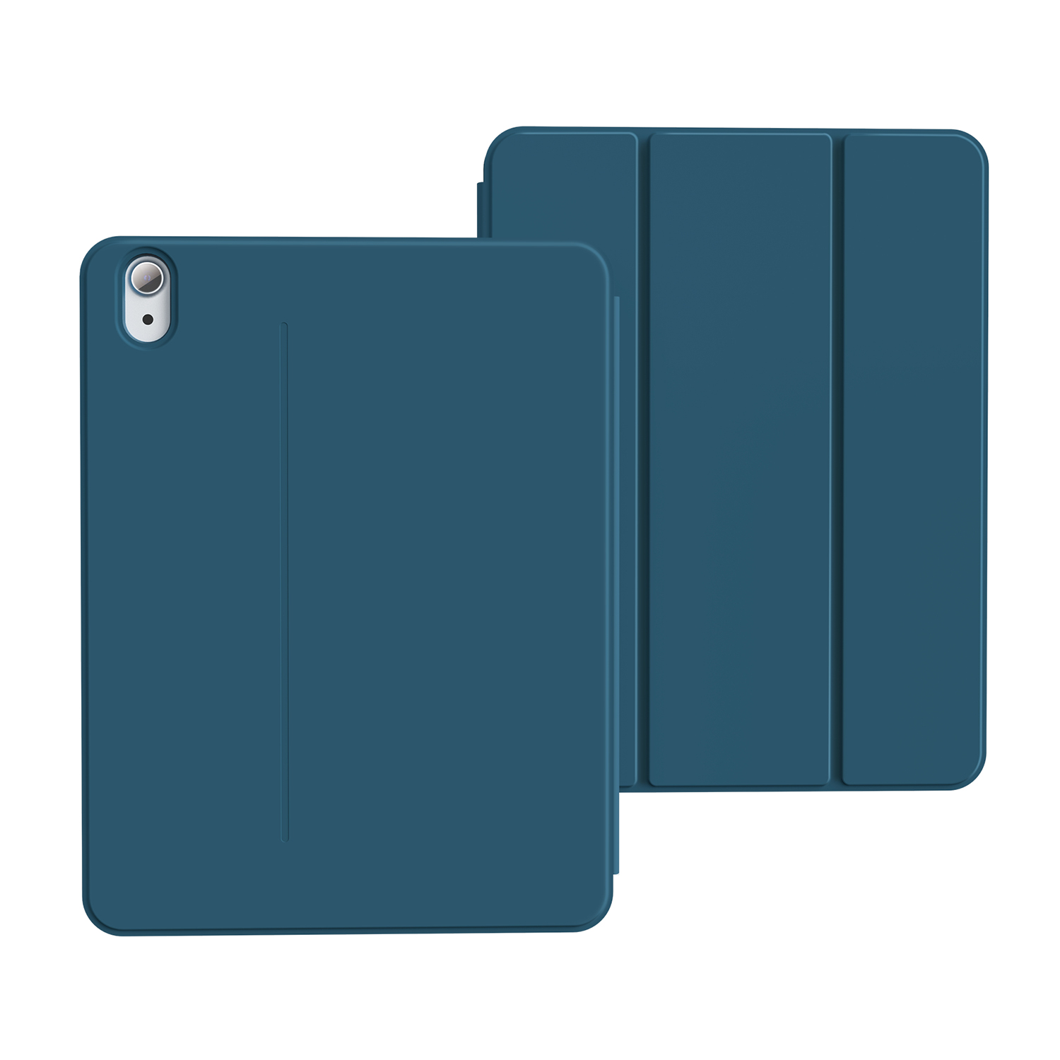 Una cover blu per tablet piegata aperta. La cover è di colore blu pieno.
