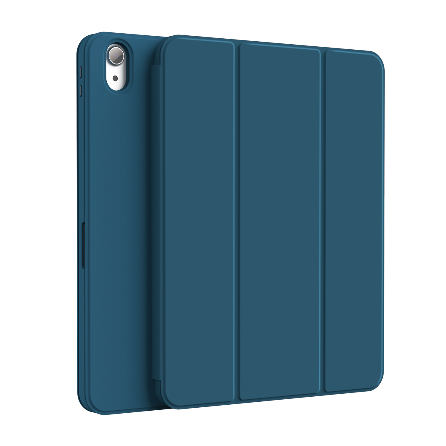 Custodia per tablet blu. Chiusa, con una fotocamera sul lato.
