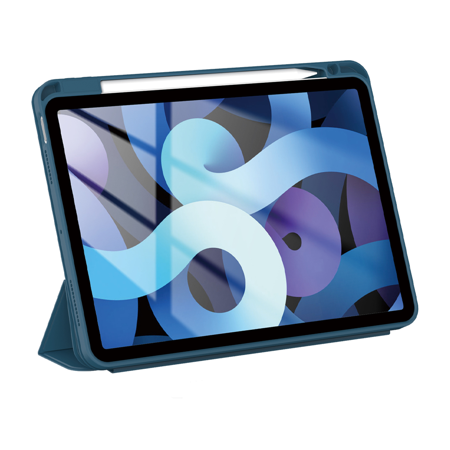 Tablet con custodia e penna. Custodia blu, schermo sul lato.