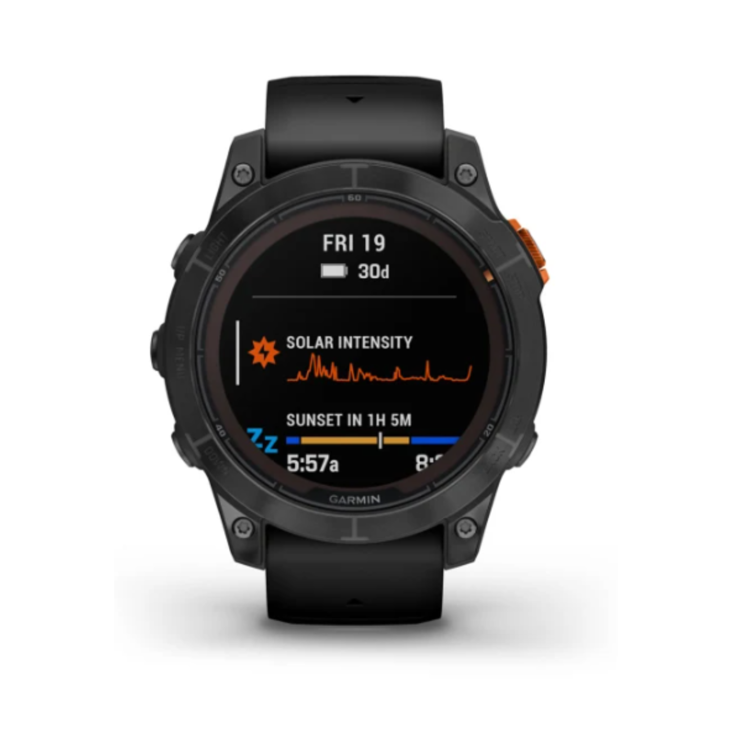 Zwarte Garmin smartwatch. Toont tijd, zonne-intensiteit en zonsondergangtijd op het scherm.