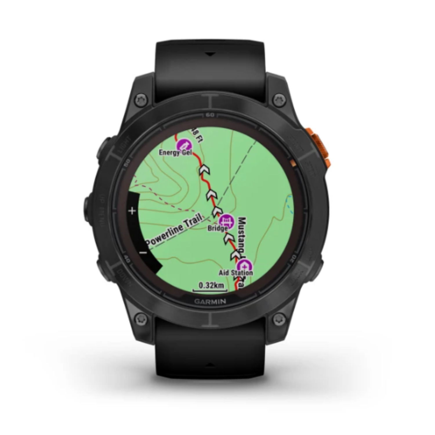Een zwart Garmin-horloge met een kaart op het scherm.