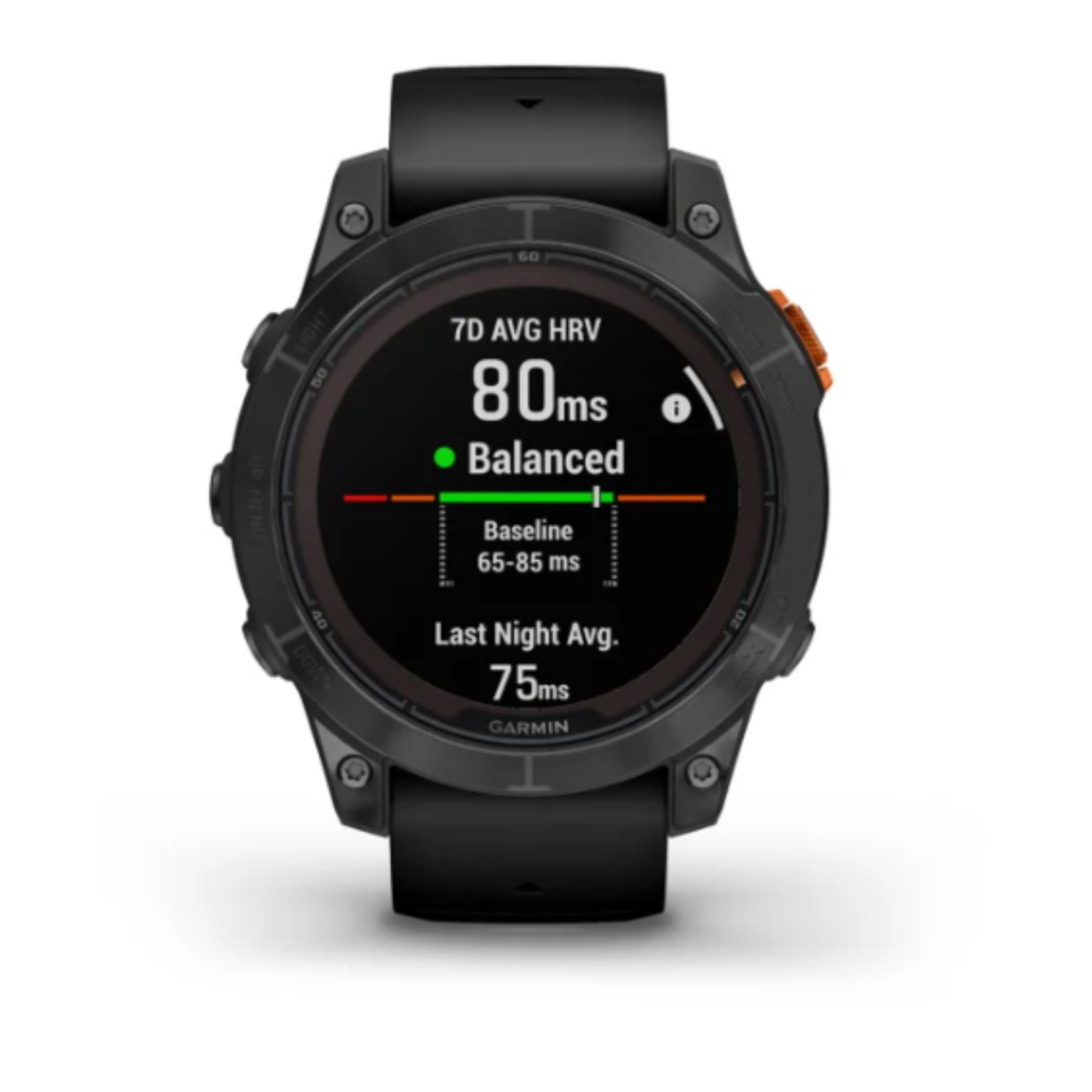 Garmin smartwatch toont HRV-gegevens: 80ms, basislijn 65-85ms.