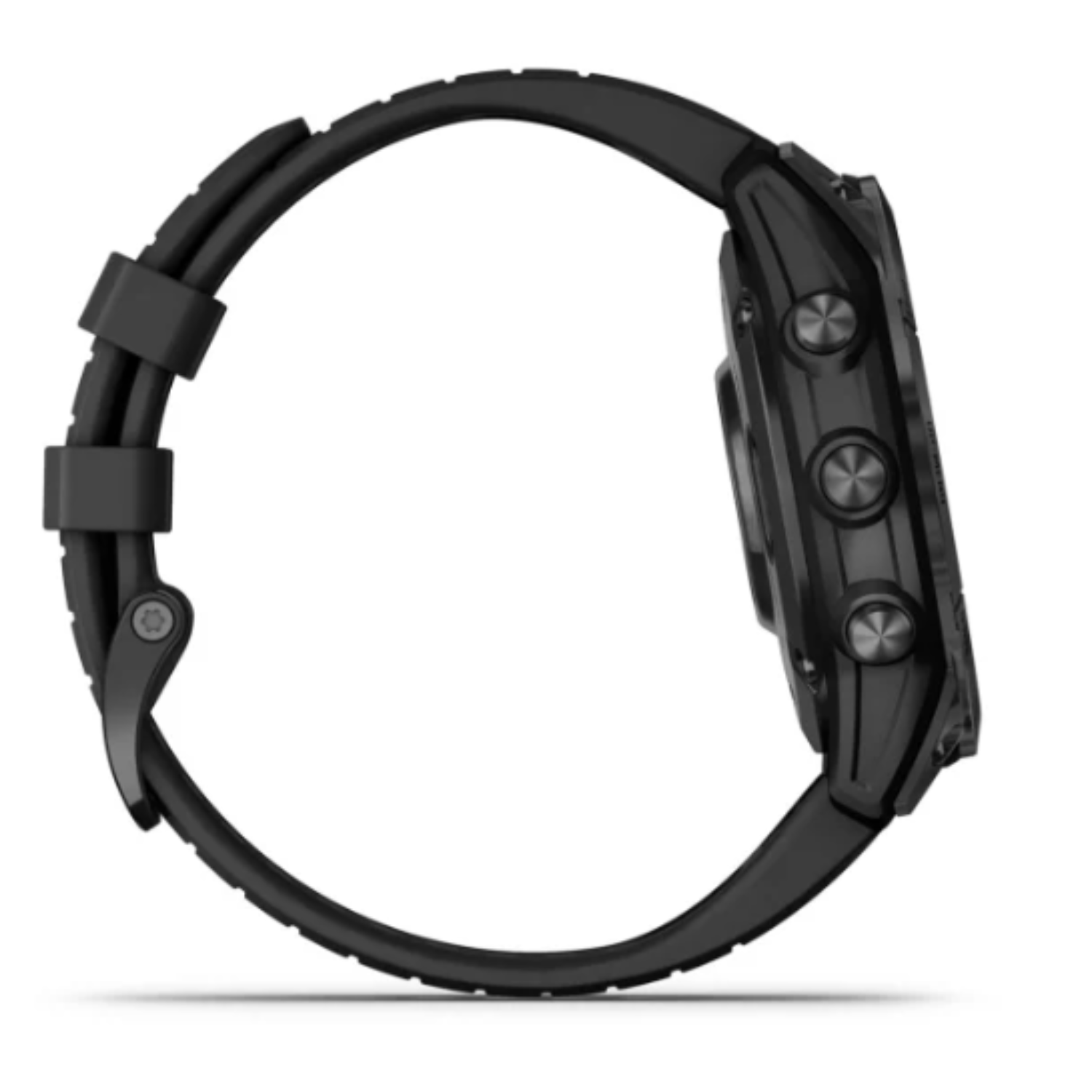 Zijaanzicht van een zwarte Garmin smartwatch met een zwarte band op een witte achtergrond.