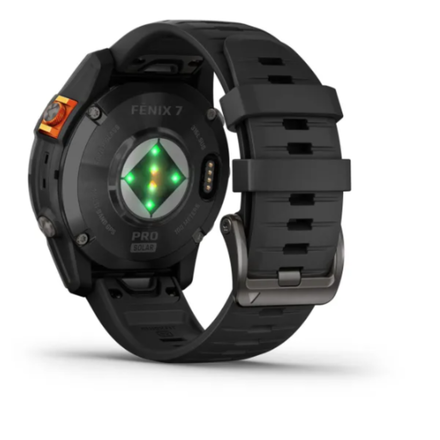 Zwart Garmin Fenix 7 Pro Solar horloge, achteraanzicht, met sensoren en band.