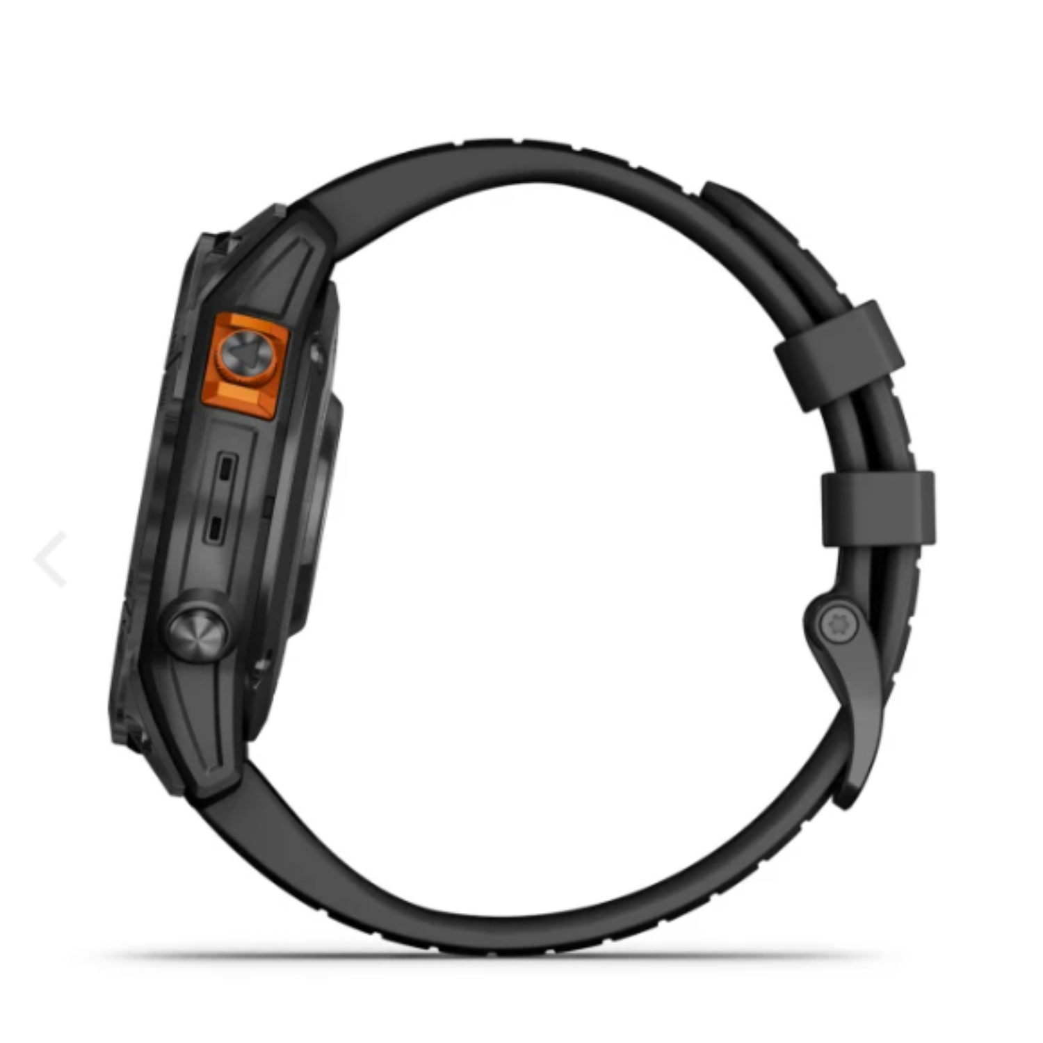 Zijaanzicht van een zwarte smartwatch met een oranje knop.