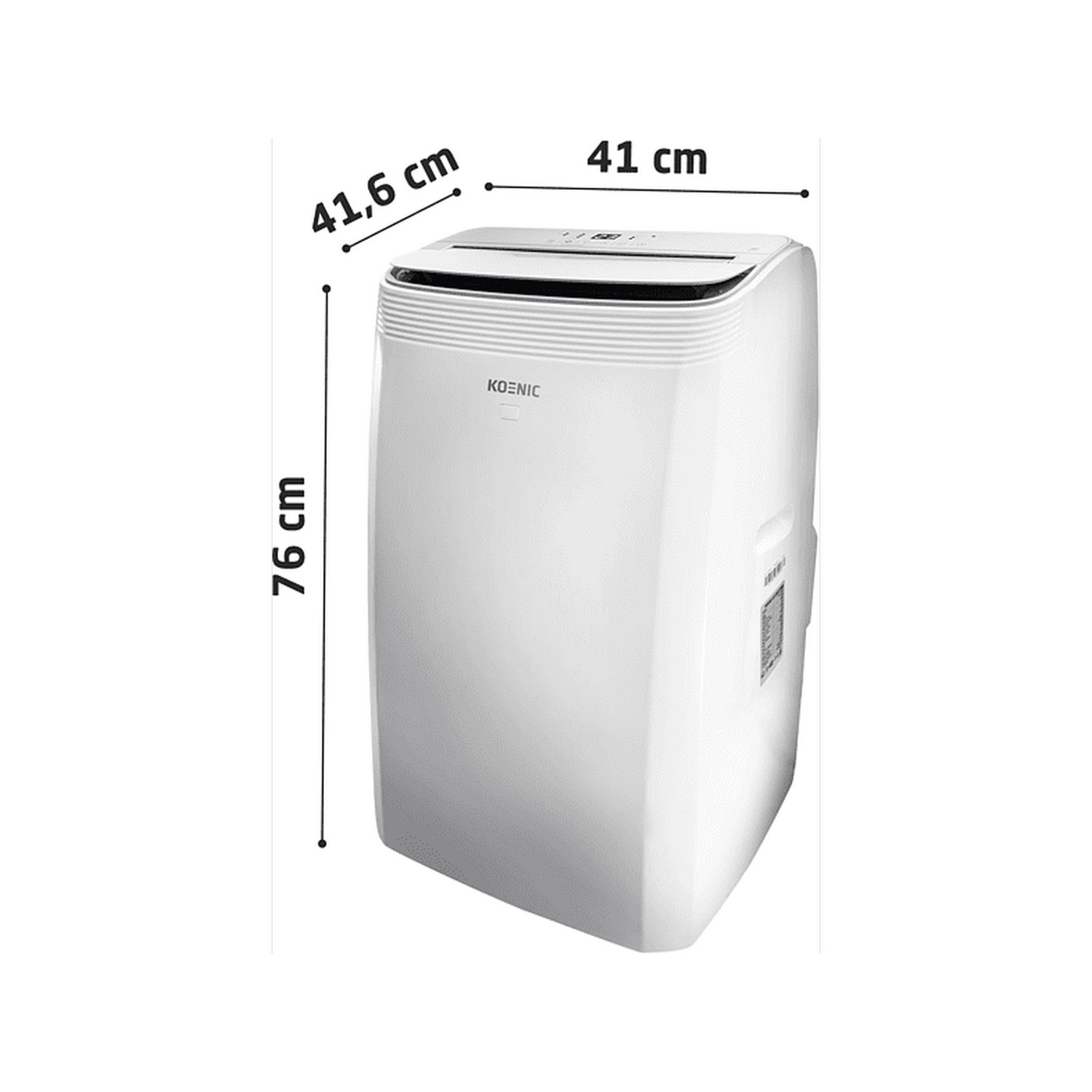 A white portable air conditioner tower, dimensions 76x41.6x41 cm.