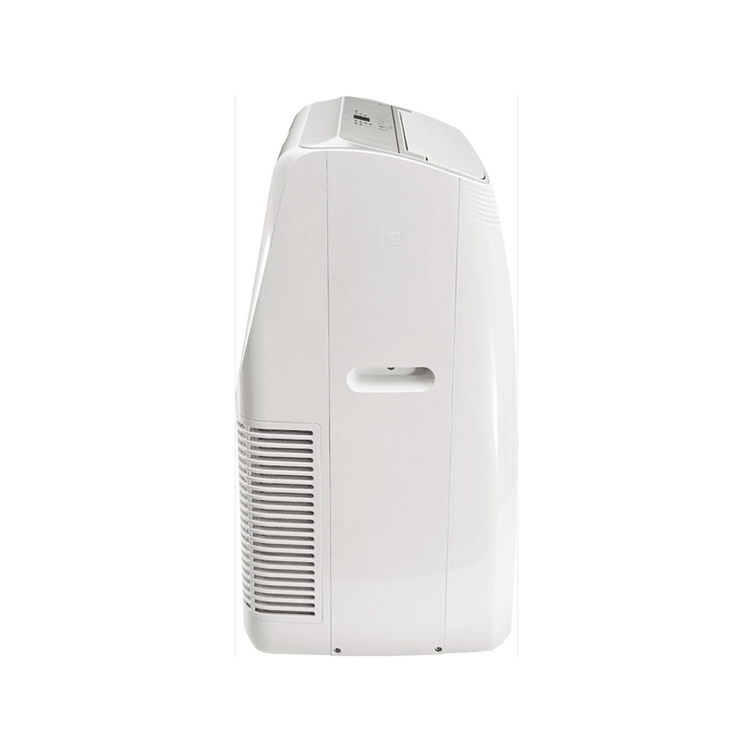 White portable air conditioner with vents and control panel on top.