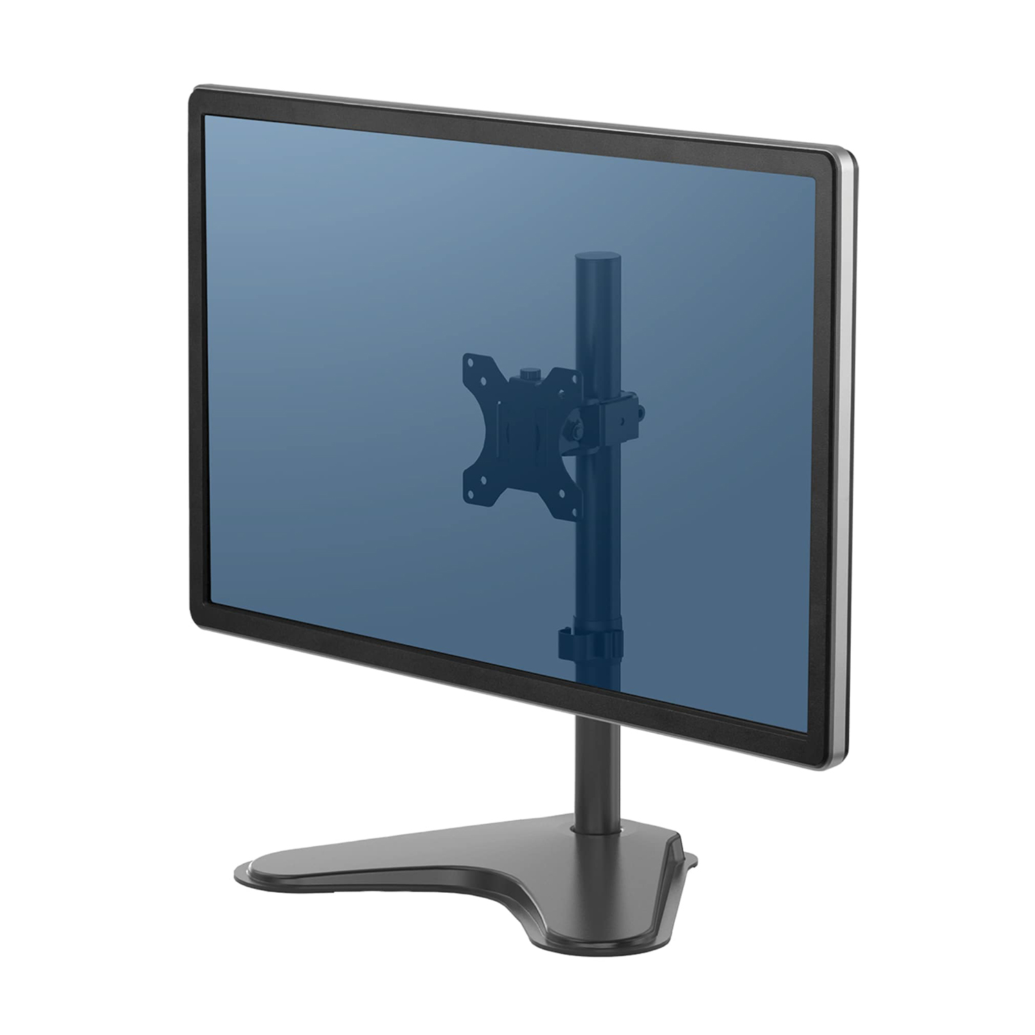 Un monitor nero montato su un supporto, schermo blu.