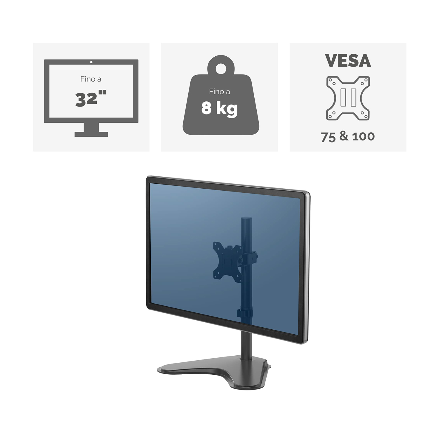 Monitor su supporto con misure, 32 pollici, fino a 8 kg, VESA 75 e 100.