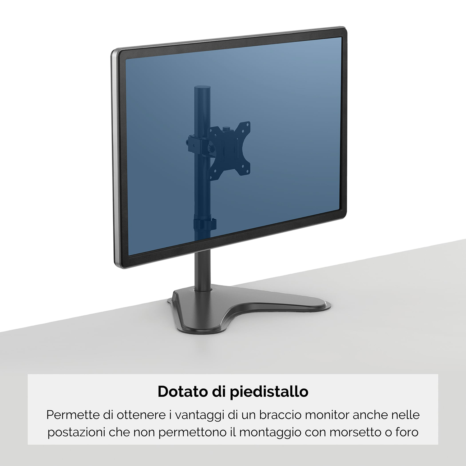 Supporto monitor, nero, con schermo, isolato su bianco.