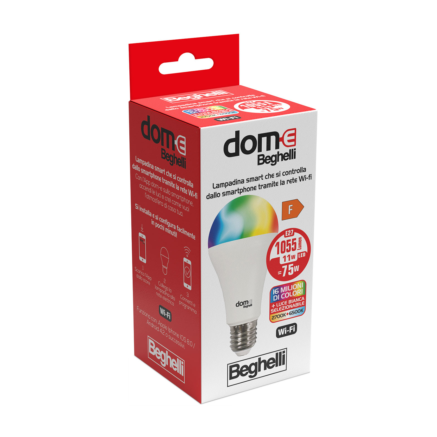 Lampadina intelligente in una scatola con uno spettro colorato, una scatola rossa e bianca.