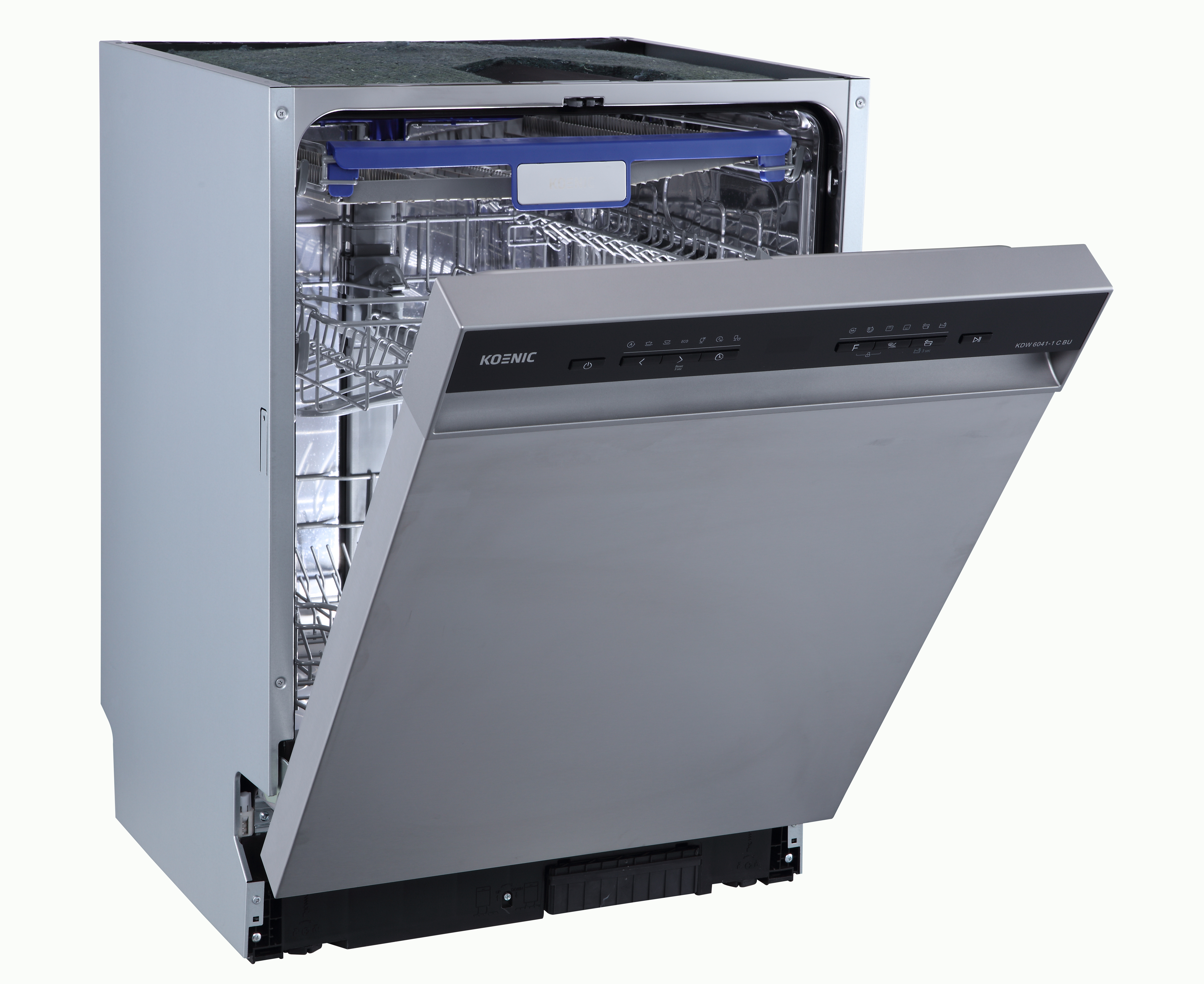 Ein Koenic-Geschirrspüler mit geöffneter Tür. Die Maschine ist silberfarben, mit einem blauen Balken und Knöpfen oben.