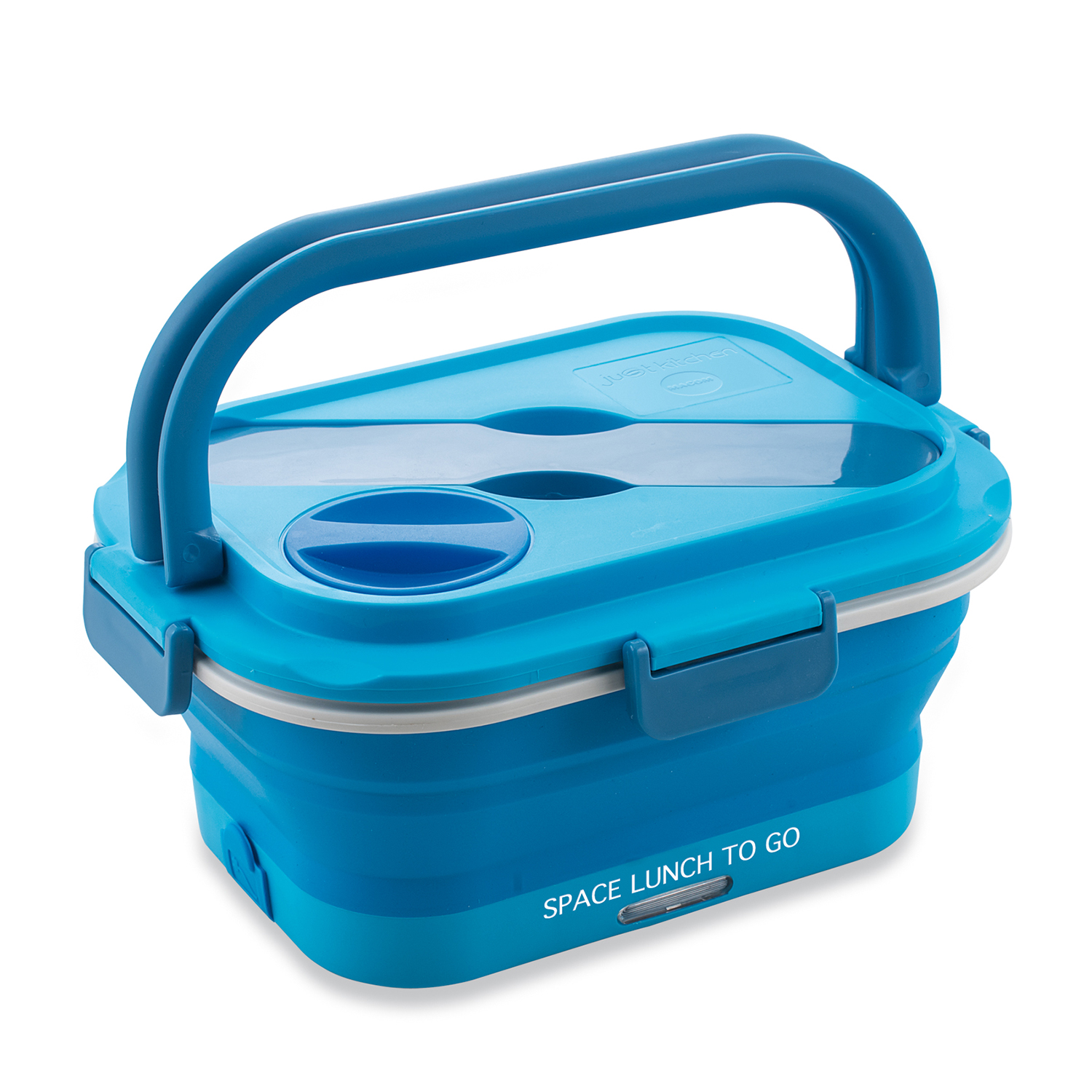 Un portapranzo blu con manico e la scritta "SPACE LUNCH TO GO" su sfondo bianco.
