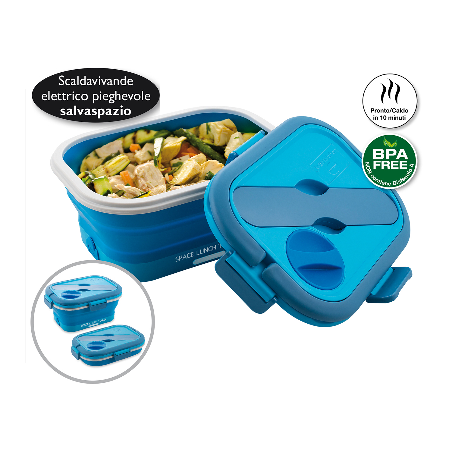Un contenitore per il pranzo elettrico blu, pieghevole, con verdure e coperchio, e un distintivo senza BPA.