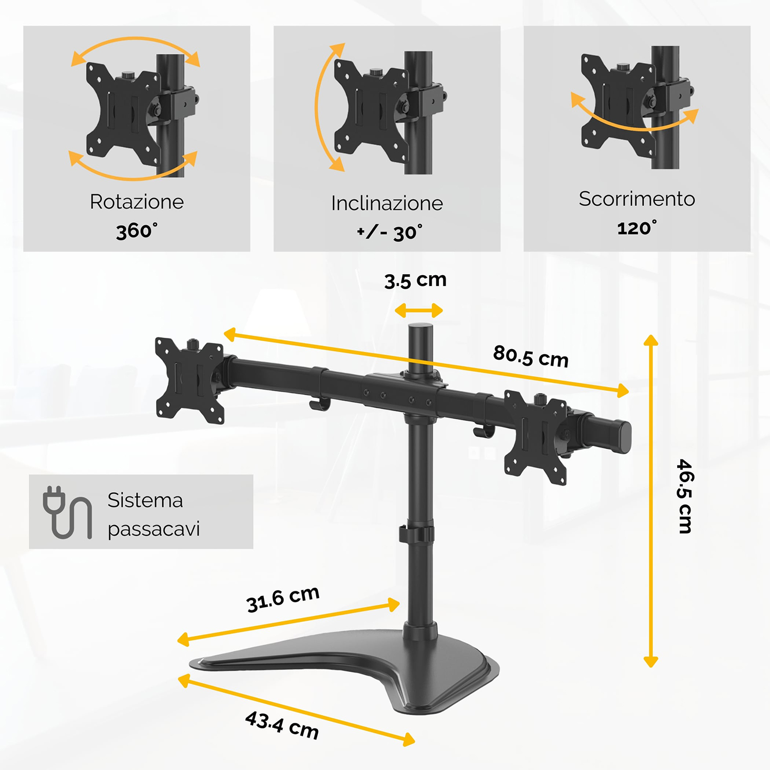 Un braccio per monitor nero, con una base ed è etichettato con misure.