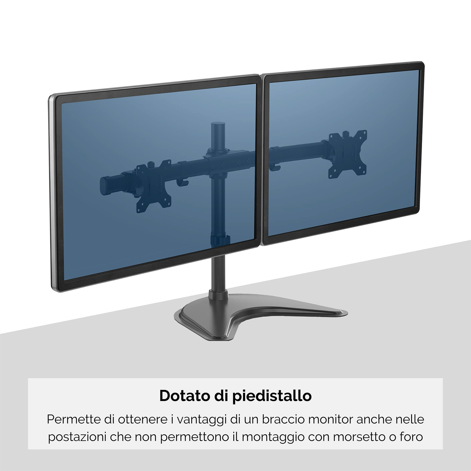 Doppi monitor su supporto nero. Schermi blu. Supporto monitor nero. Sfondo bianco.