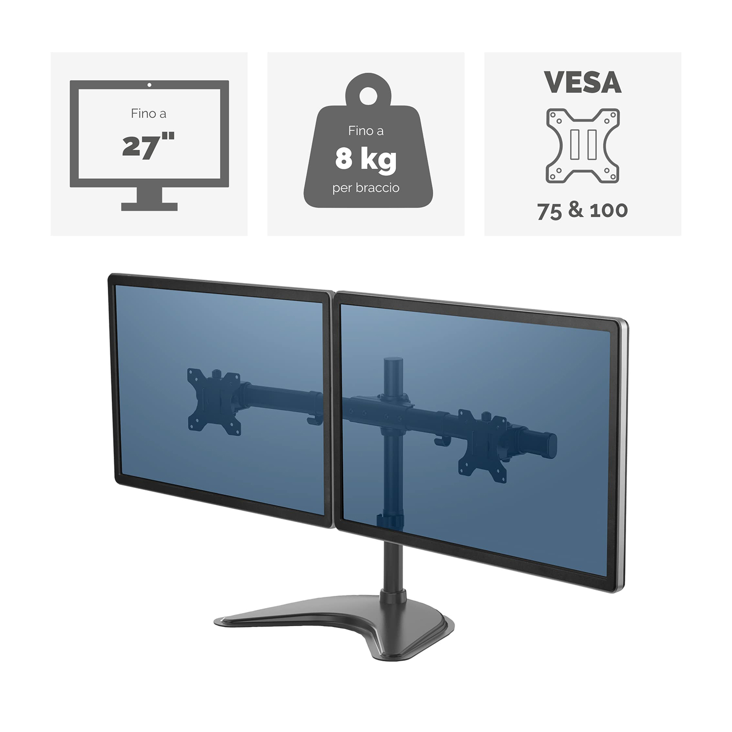 Supporto per doppio monitor con due monitor a schermo blu.