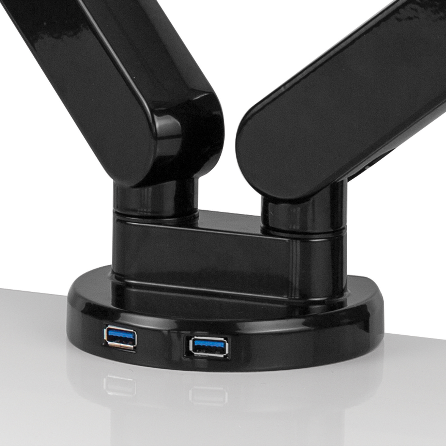 Supporto da scrivania nero con due porte USB e due bracci articolati.