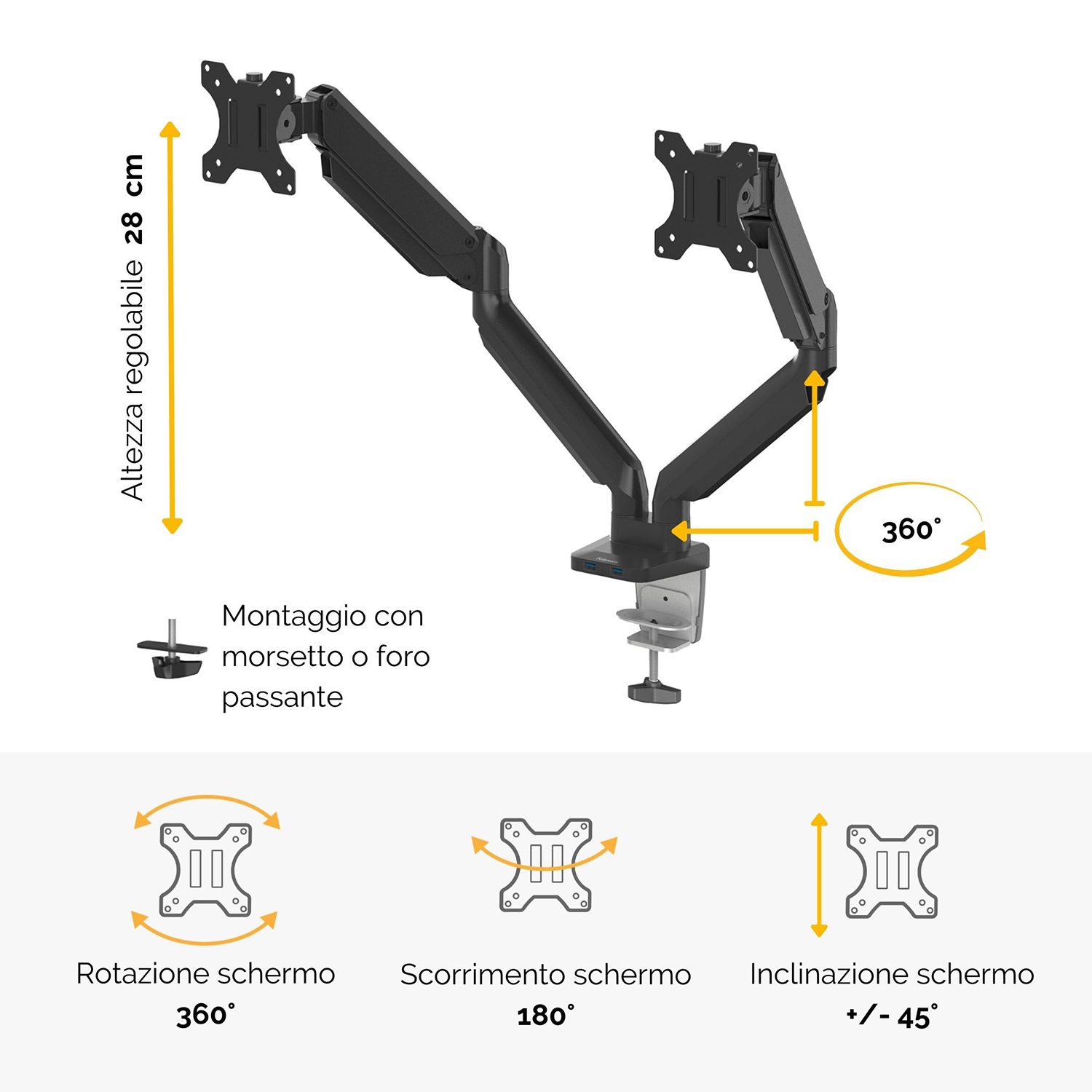 Braccio per doppio monitor con altezza e rotazione regolabili.