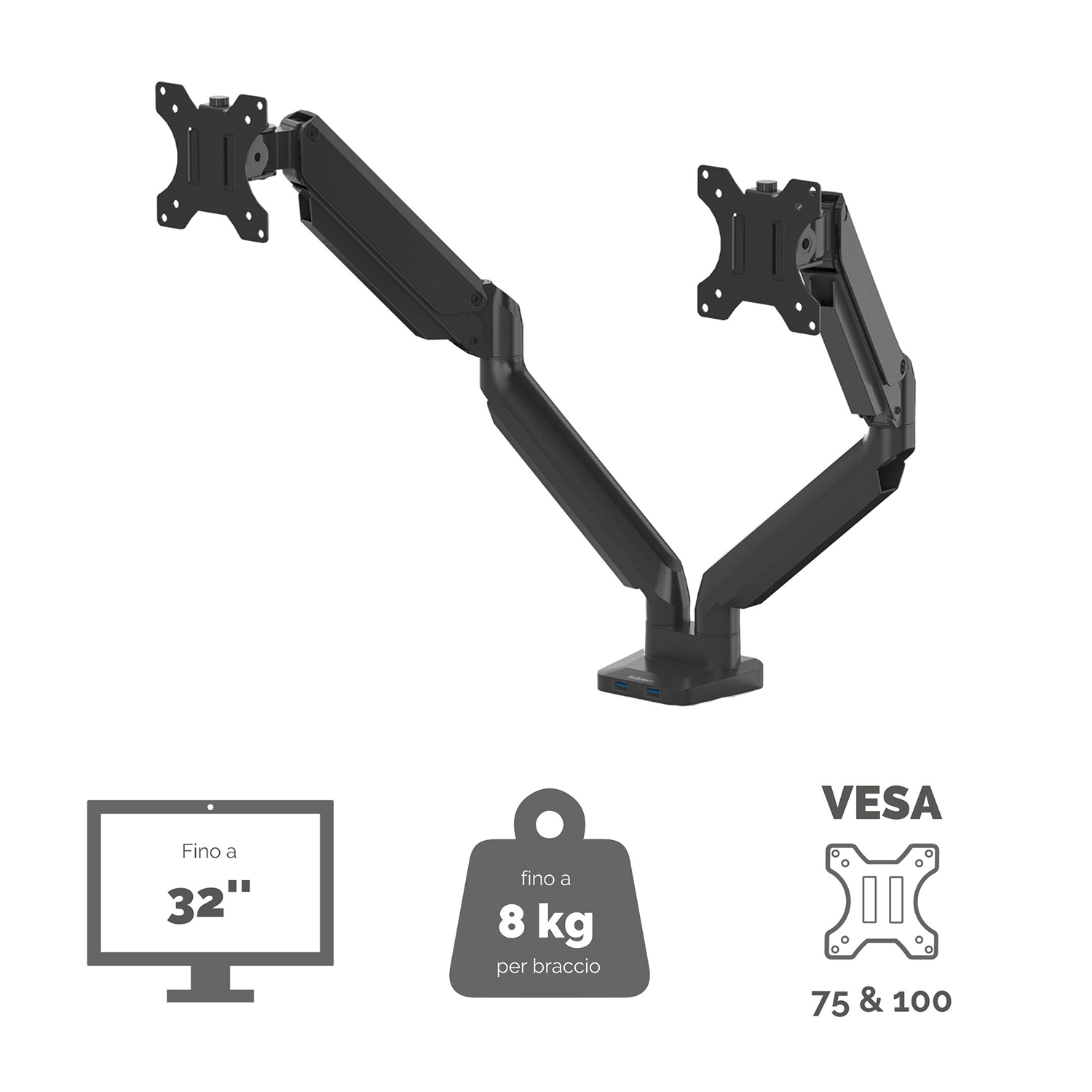 Bracci per monitor neri con due supporti VESA e una capacità di 8 kg per braccio.
