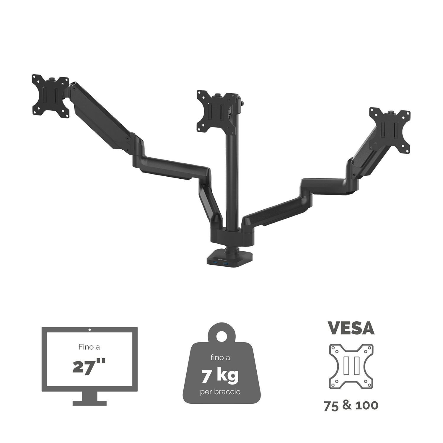 Un braccio per monitor triplo nero con supporto per monitor fino a 27 pollici.