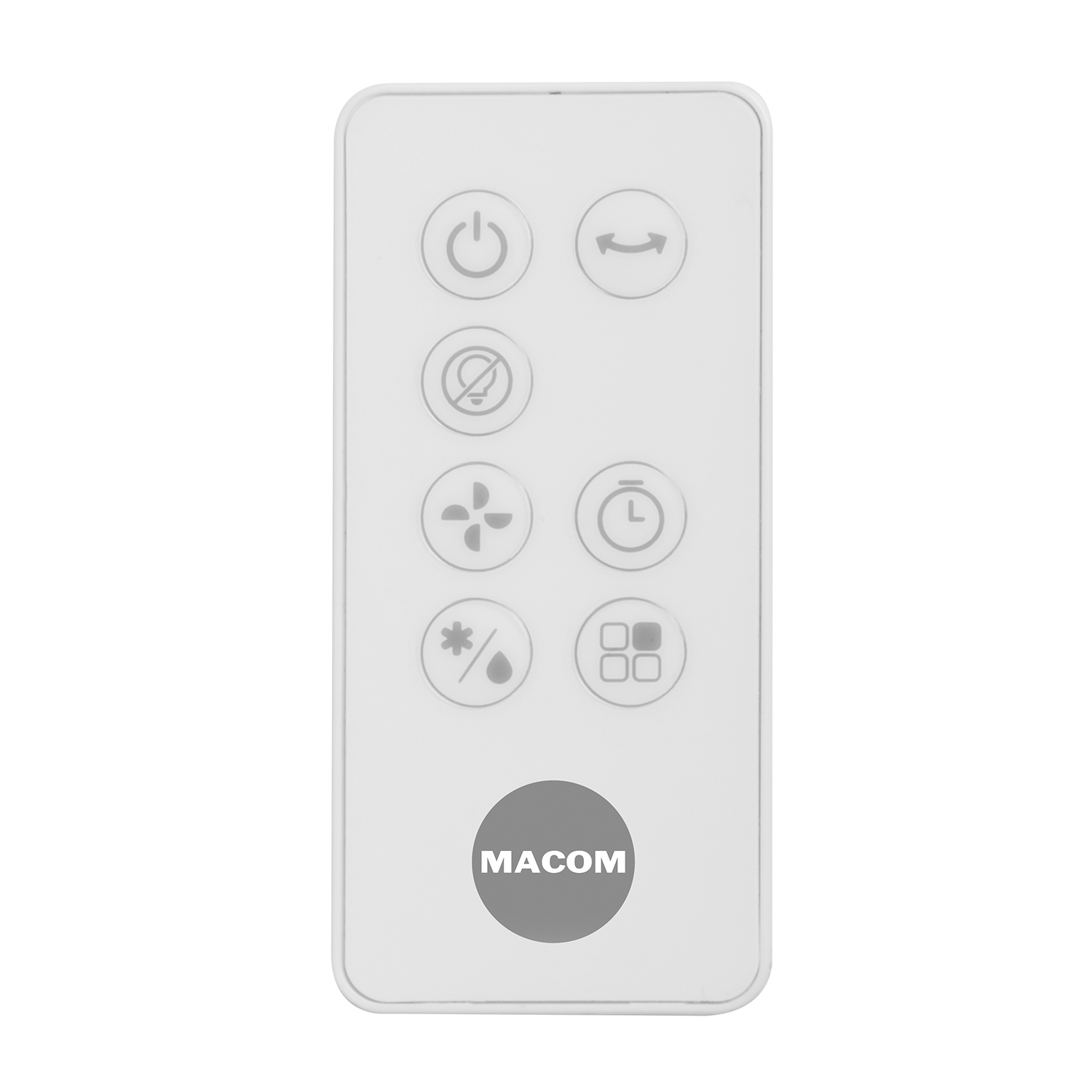 Un telecomando bianco con icone per l'accensione, la ventola e altre funzioni.