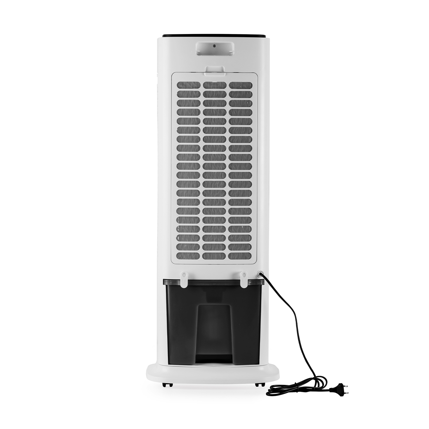 Un refrigeratore bianco con serbatoio nero e cavo di alimentazione.