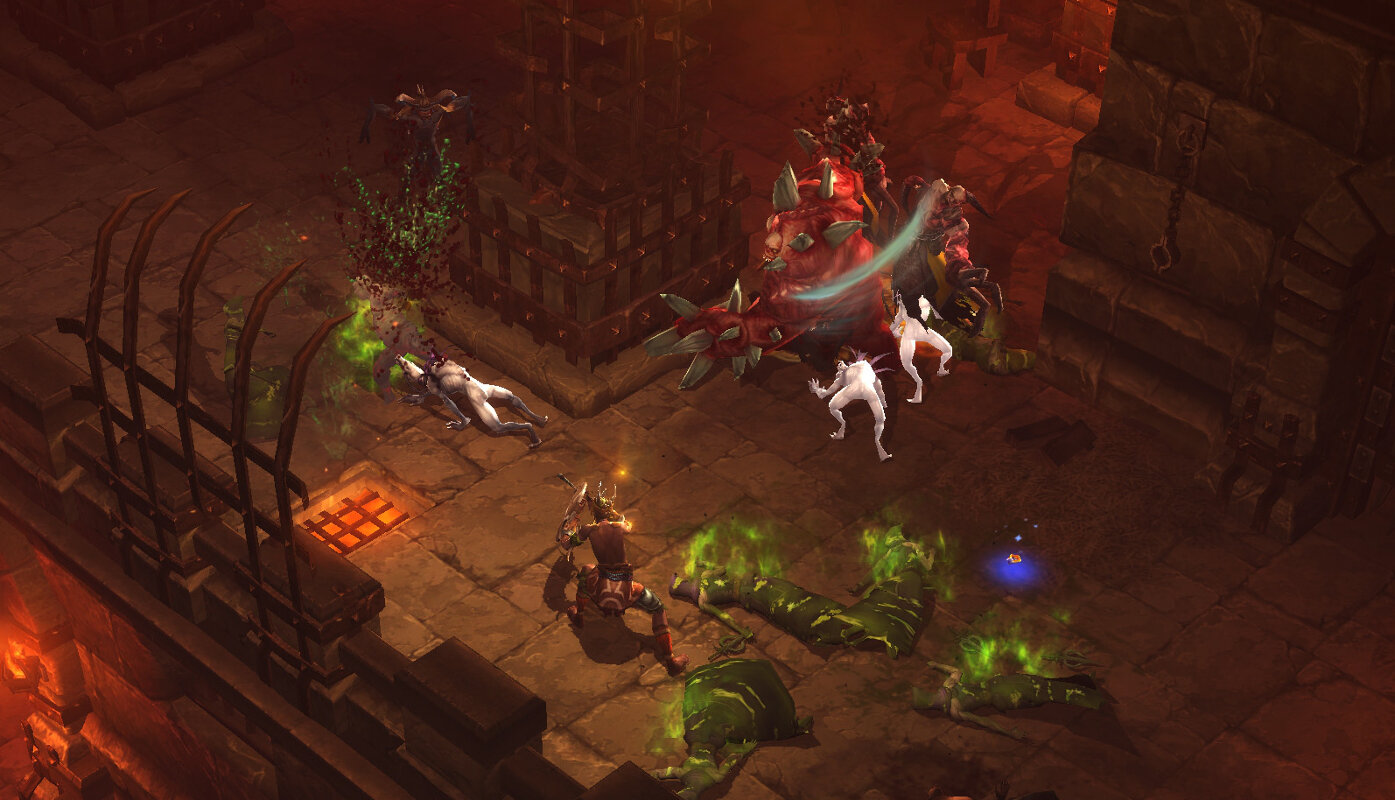 Scena bitwy w ciemnym lochu z walczącymi postaciami i świecącymi zielonymi efektami.