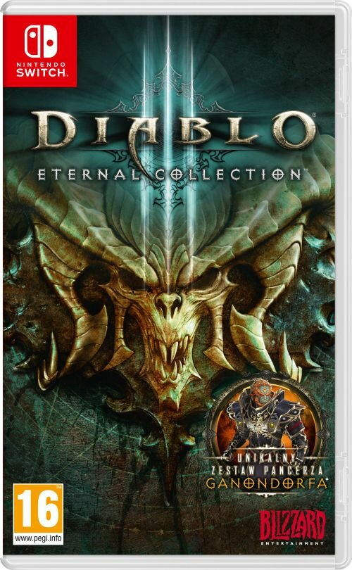 Pudełko gry Diablo Eternal Collection na Nintendo Switch. Zawiera obraz potwora i szczegóły gry.