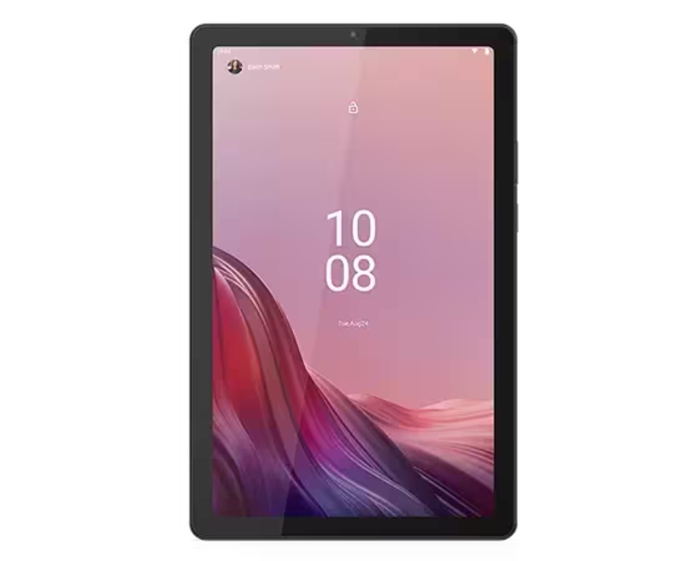 Una tableta negra con una pantalla que muestra la hora y la fecha, aislada sobre un fondo negro.