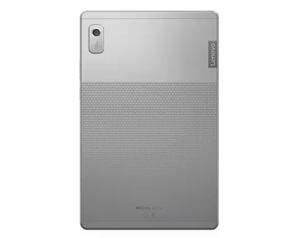 Parte trasera de tableta Lenovo plateada. Cámara y logotipo de Lenovo visibles. Patrón geométrico en la mitad inferior. Logotipo Dolby Atmos abajo.