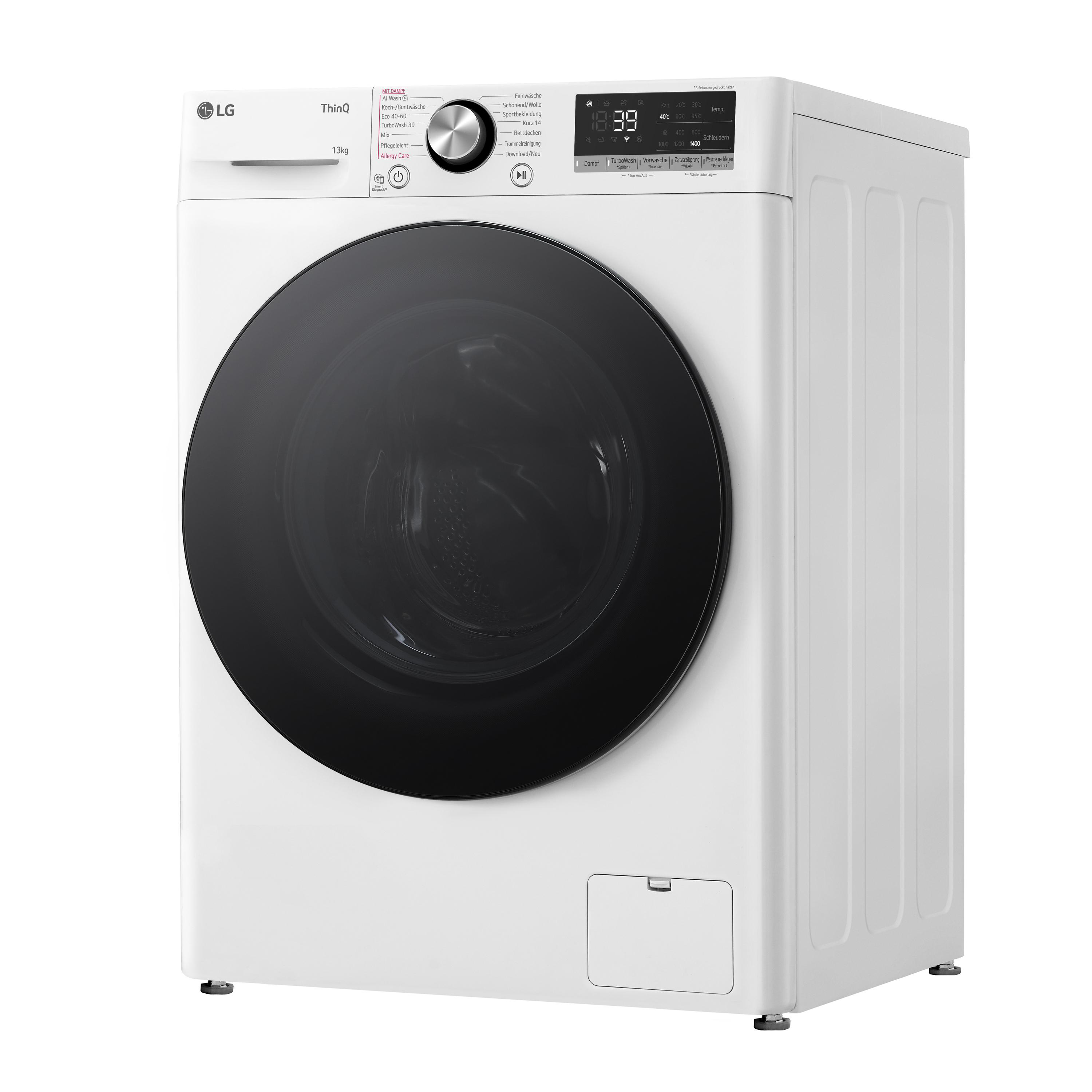Eine weiße LG-Waschmaschine, Vorderansicht, schwarze Tür, auf Weiß.