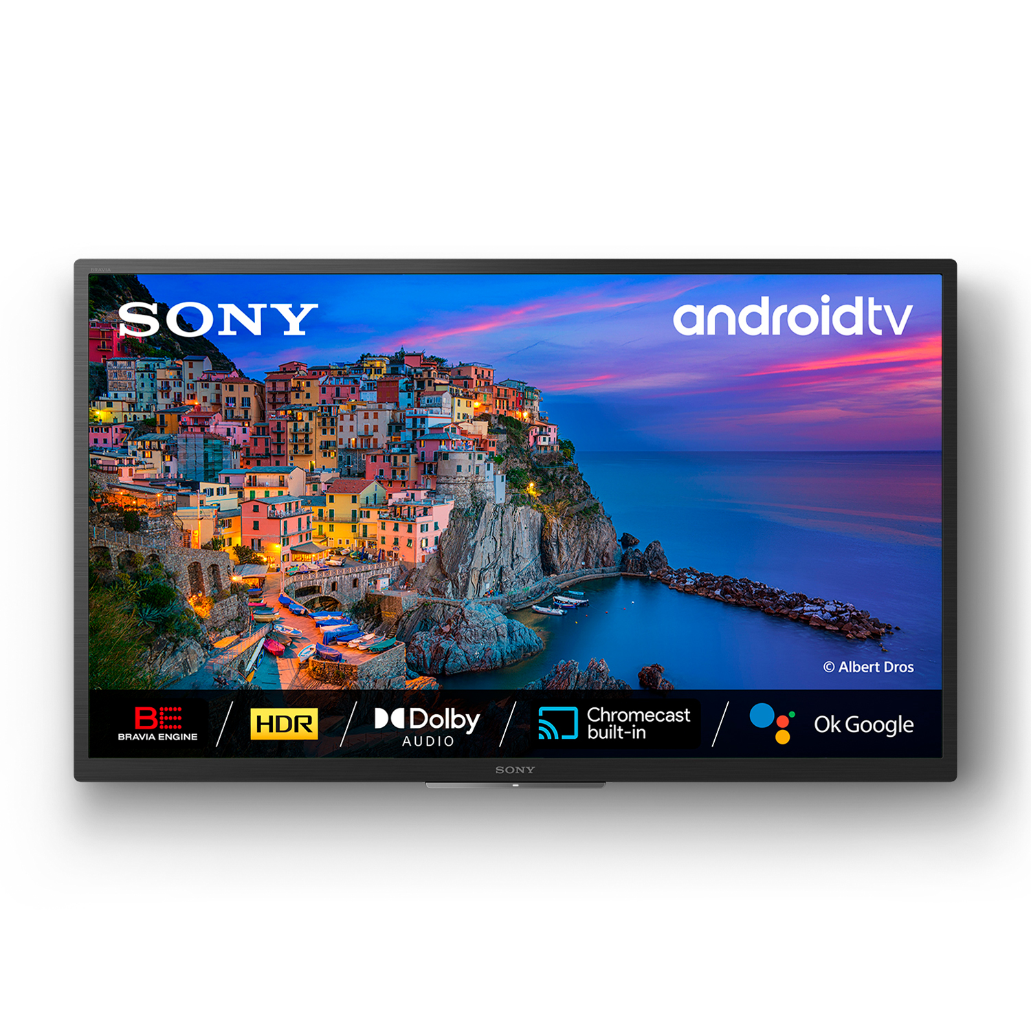 TV Sony mostra un'immagine di città costiera. Loghi: Bravia Engine, HDR, Dolby Audio, Chromecast e Ok Google.