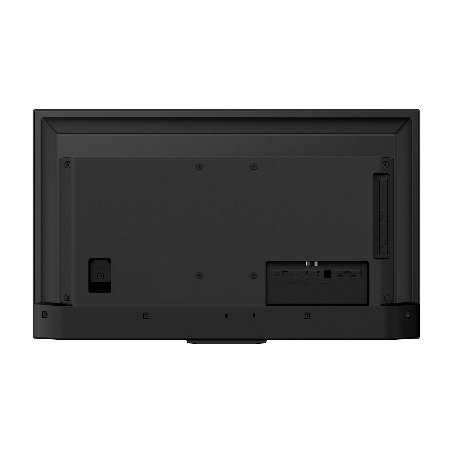 Retro di una TV nera con varie porte. Base nera visibile.