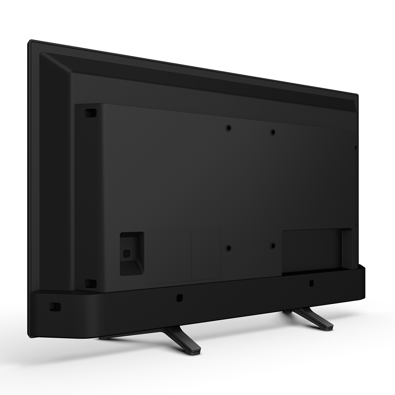 Vista posteriore di una TV nera. Ha un supporto e le porte visibili. È isolata su sfondo bianco.