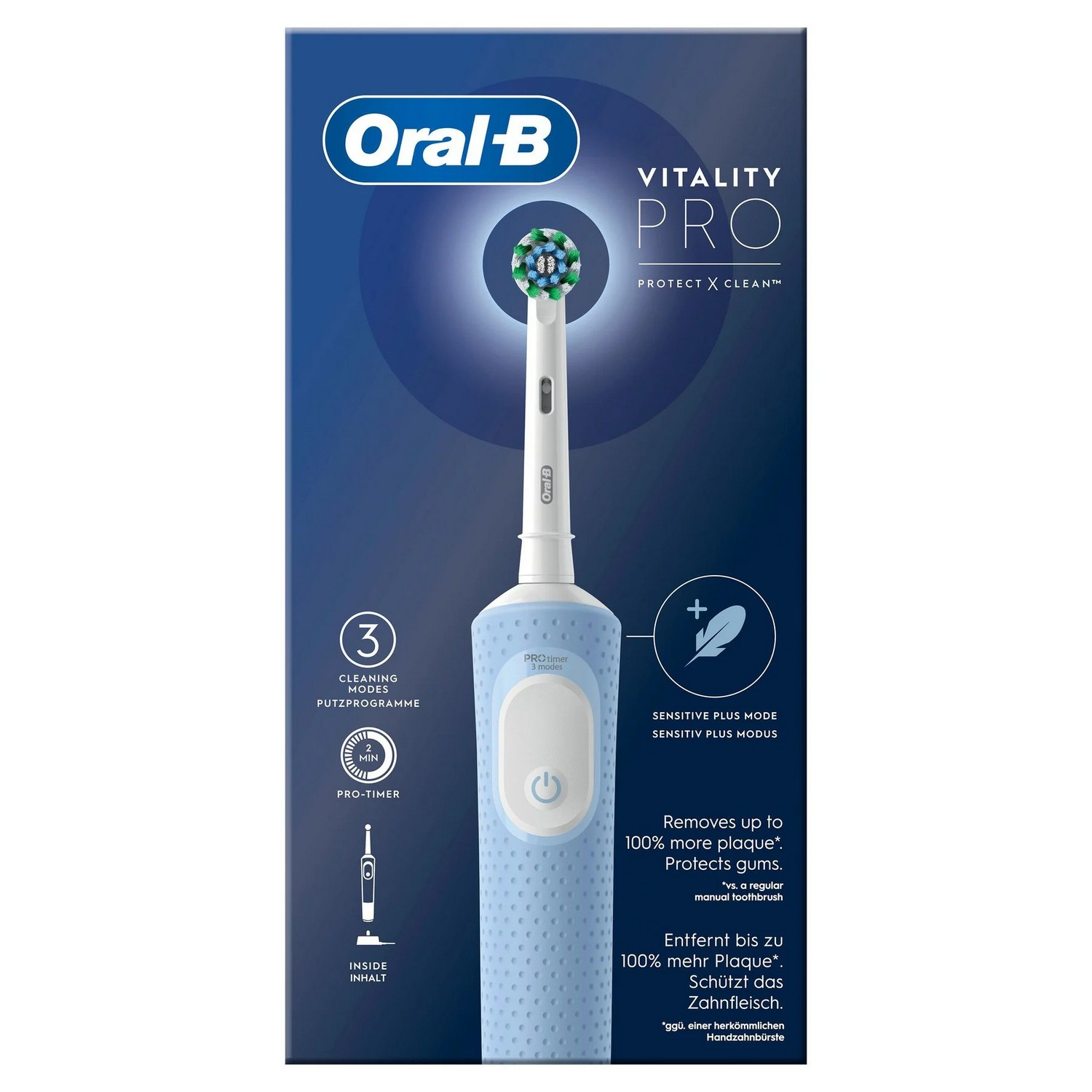 Brosse à dents électrique Oral-B bleue et blanche, emballage avec modes de nettoyage et fonctionnalités.