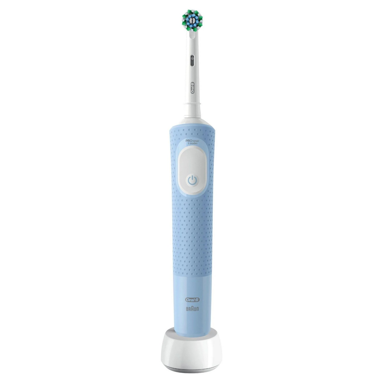 Une brosse à dents électrique bleue et blanche dans une base blanche.