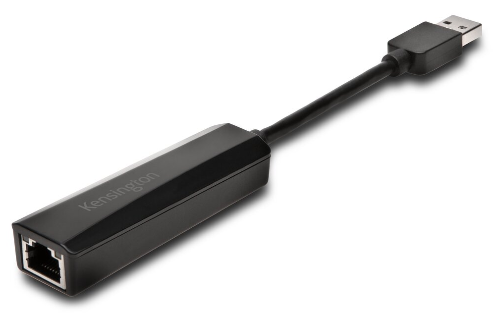 Fekete Kensington USB-Ethernet adapter, fehér háttér.