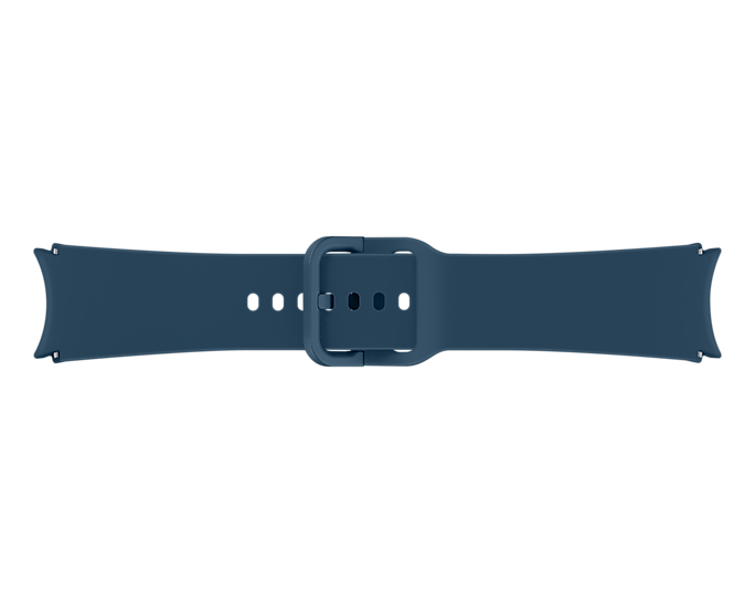 Una correa de reloj inteligente azul oscuro con una hebilla. Es recta con forma curva.