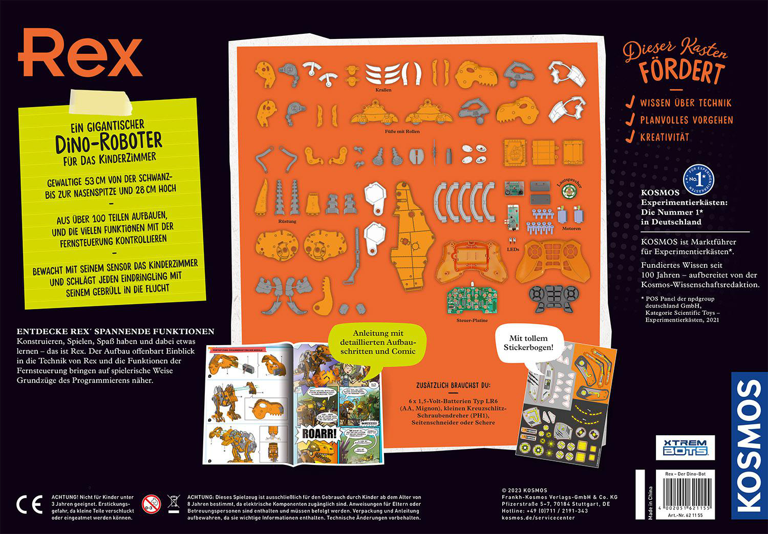 Schachtelrückseite: Dinosaurier-Roboter-Bausatz mit Teilen, Anleitungen, Comic, Aufklebern und Text.