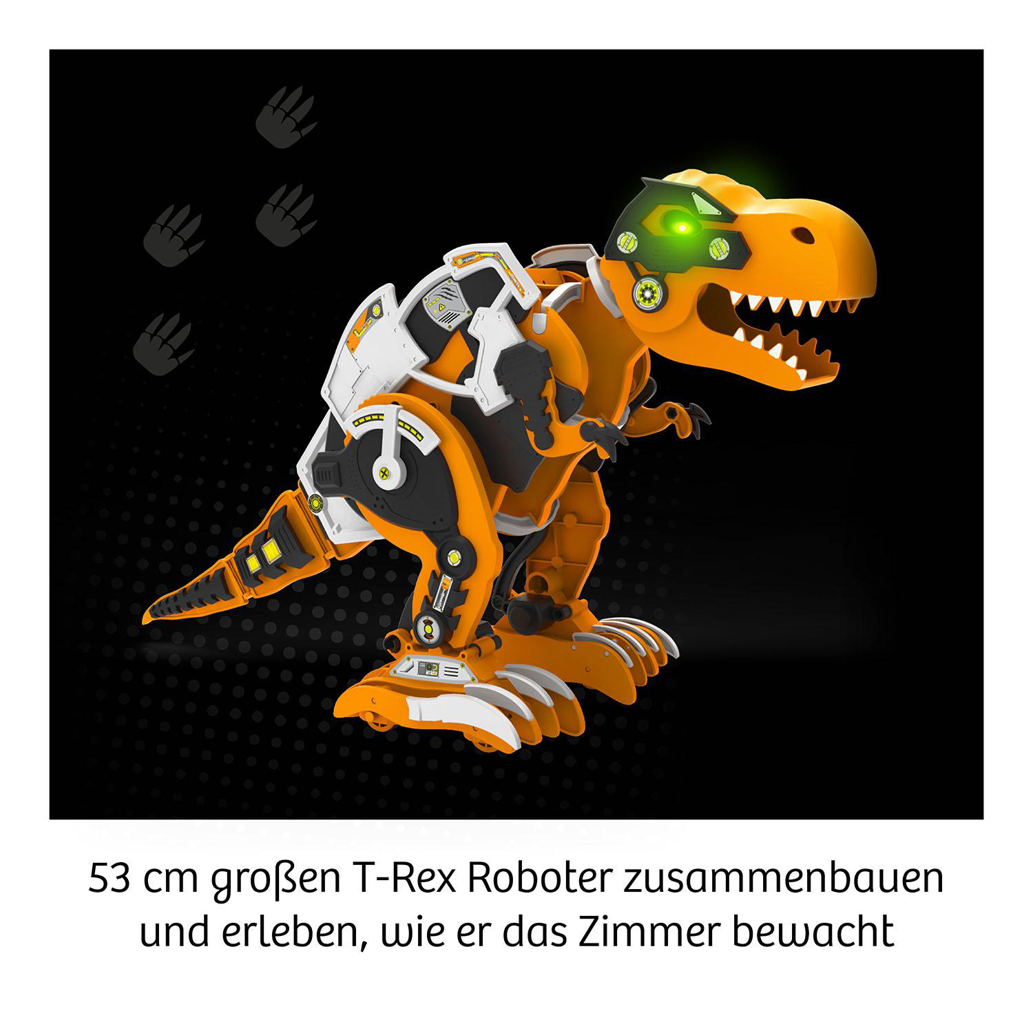 Orange und weißes T-Rex-Roboter-Spielzeug mit leuchtend grünen Augen auf schwarzem Hintergrund. Pfotenabdrücke.