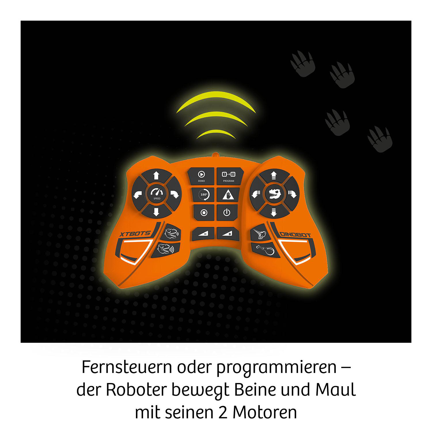 Orange Fernbedienung mit Knöpfen und einer Dinosaurier-Roboter-Illustration.